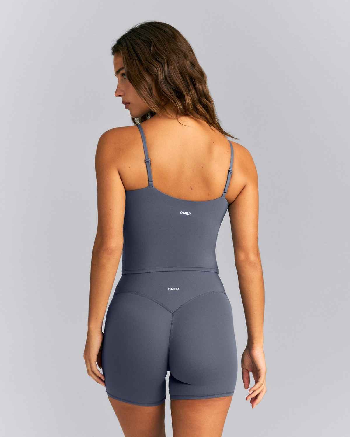 SoftMotionTM Adjustable V Neck Mid Tank Top with Built in Bra Shelf | Granite Blue