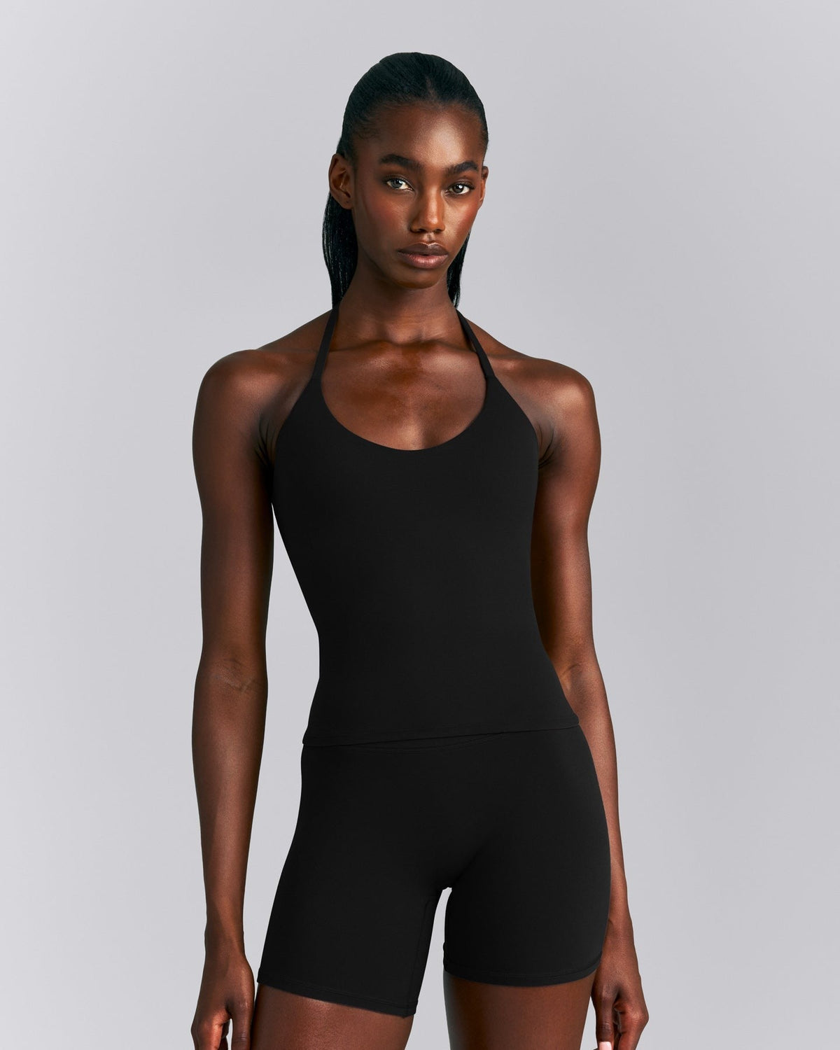 SoftMotionTM Strappy Halter Neck Tank Top with Built in Bra Shelf | Black