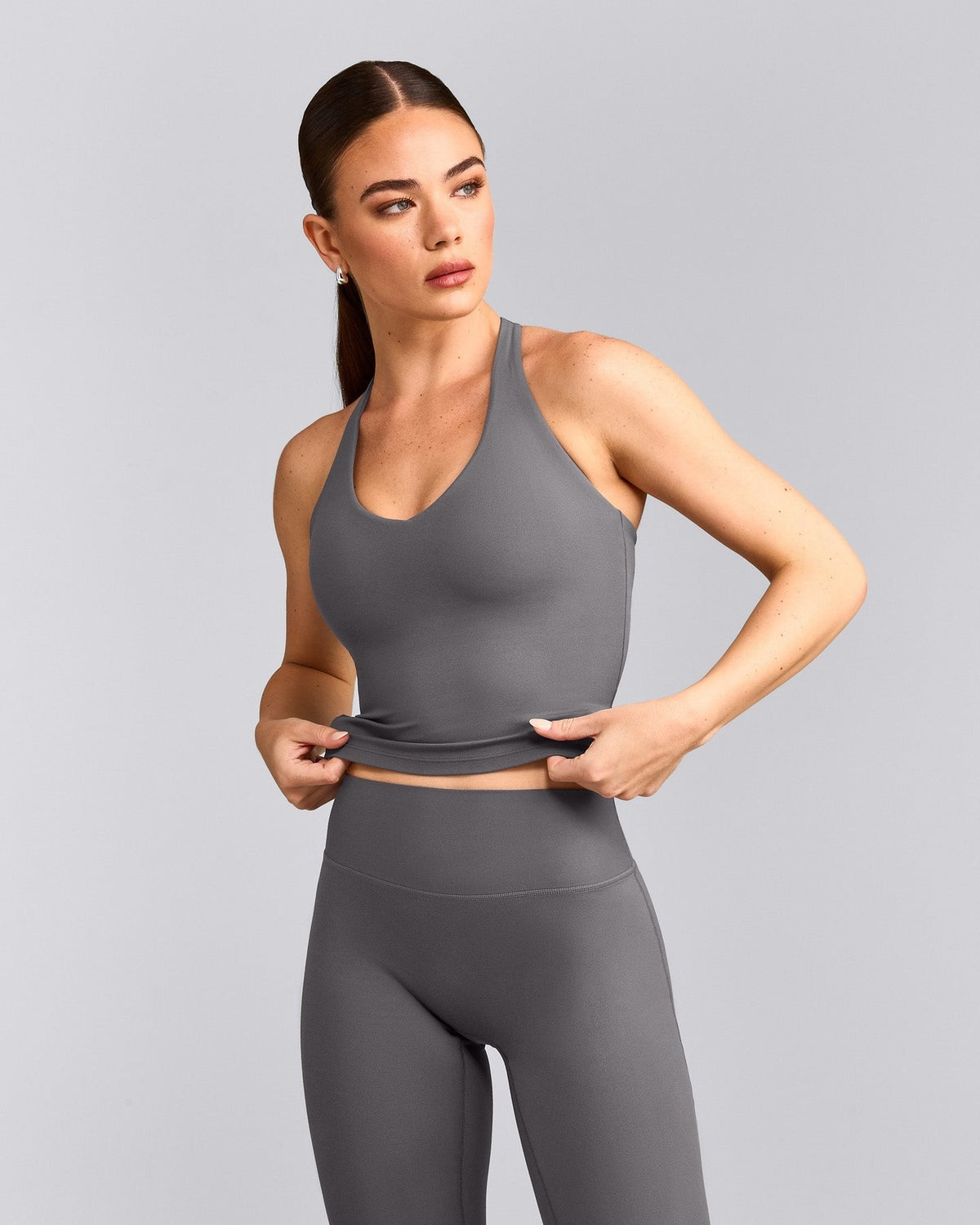SoftMotionTM Racer Back Mid Tank Top with Built in Bra Shelf | Ash Gray